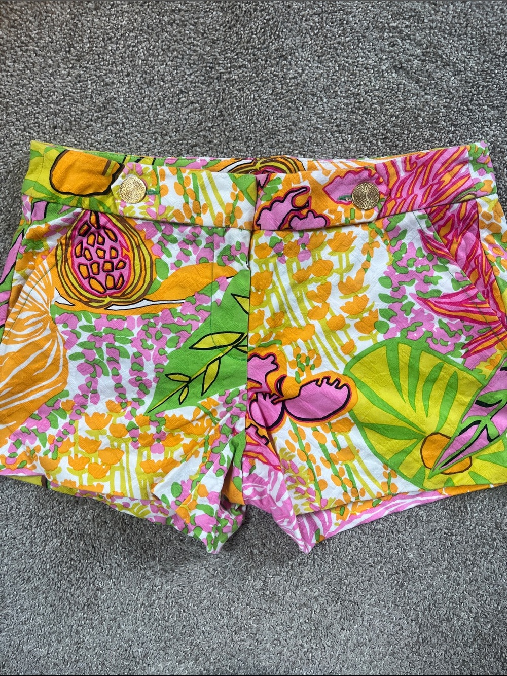 🍊🌺🌼Trina Turk Vibrant Colorful Floral Cotton Shorts Gold Hardware Made USA sz4